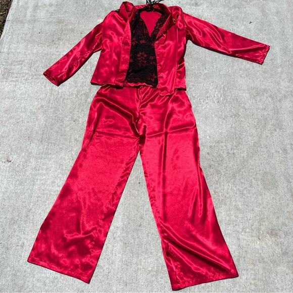 Vintage Fredrick's of Hollywood 3 pc Sleep Set PJ Red Black - Picture 1 of 15